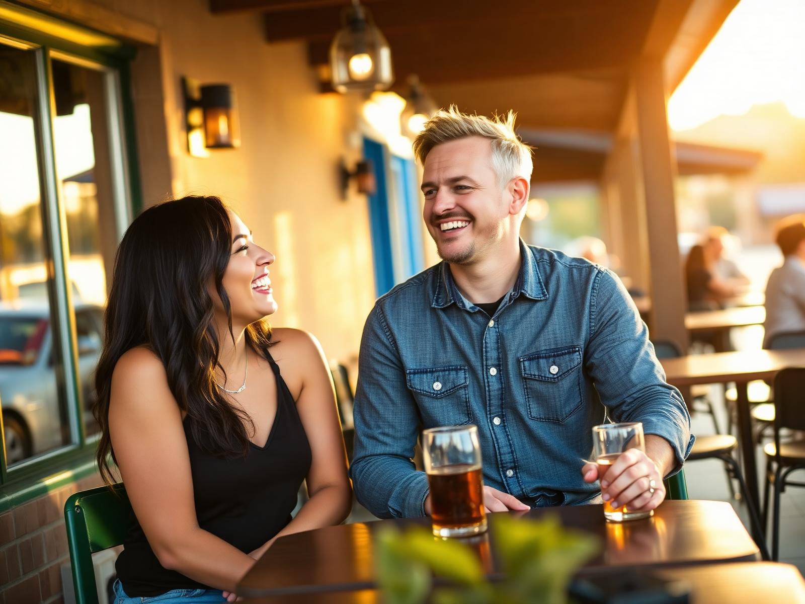 Two friends laughing together at a sunny Tennessee cafe